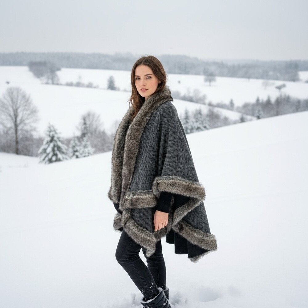 QED London Romantic Gray Faux Fur Trimmed Knit Cape Size M/L